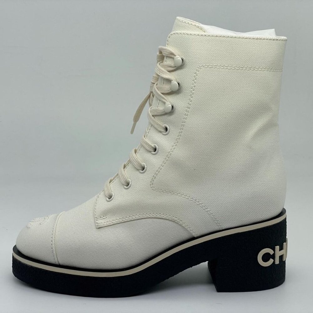 CHANEL Ivory Canvas Lace-Up Platform Ankle Boots with Black Logo Heel